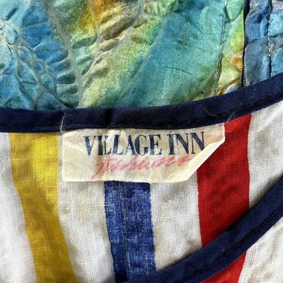 70s Vintage Village Inn Fashions Rainbow Striped Seersucker Midi House Dress XL - Picture 5 of 5